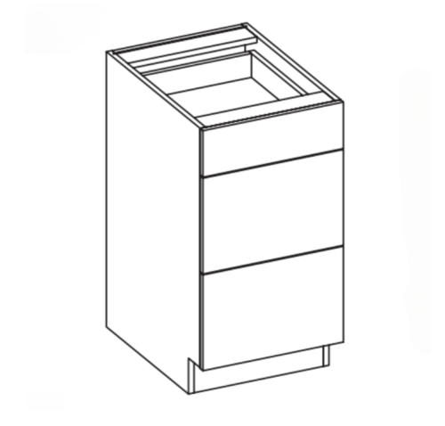 Three-drawer base cabinet with open top for sink installation.